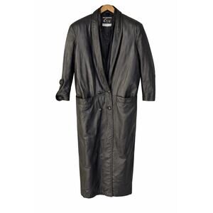 Vintage G-III Double Breasted Black Leather Trench Coat Womens Med Korea Grunge